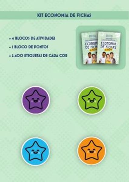 Picture of ECONOMIA DE FICHAS - KIT COMPLETO - VOLUME 1 - QUADRO DE ATIVIDADES 4 BLOCOS COM 40 FOLHAS + QUADRO DE PONTOS 1 BLOCOS COM 40 FOLHAS + 2.400 ETIQUETAS ADESIVAS DE CADA COR (VERDE, LARANJA, AZUL, ROXA)